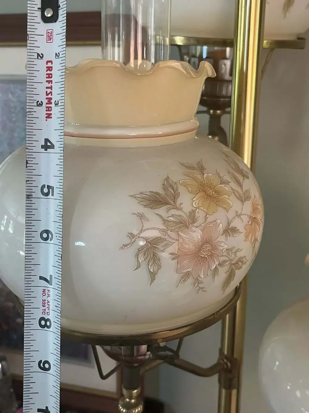 Vintage 3-Light Brass Floor Lamp with Floral Hurricane Glass Shades